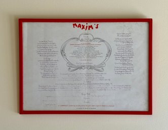 1950s Framed 'Maxim De Paris' Menu Jacket