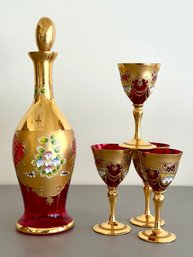 Mid-Century Gilted Ruby Red Decanter Set