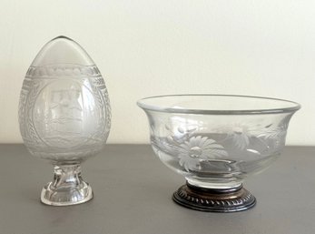 Etched Glass Vase & Sterling Silver Rimmed Bowl