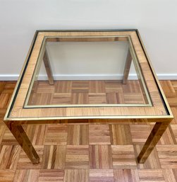 Mid-Century Glass Top Rattan & Brass Side Table