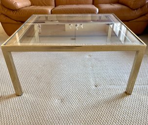 Mid-Century Glass Top Rattan & Brass Coffee Table