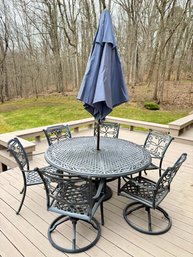 Cast Aluminum Round Patio Table, Chairs & Umbrella