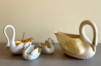 Grouping Of Limoges & Belleek Porcelain Swans
