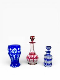 Grouping Of 19th C. Cut-To-Clear Perfume Bottle, Decanter & Vase