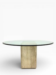 1970s Glass Round Top Travertine Table