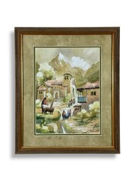 Framed Watercolor - Peruvian Village Scene