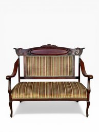 19th C. Solid Mahogany Carved Settee - Striped Upholstery