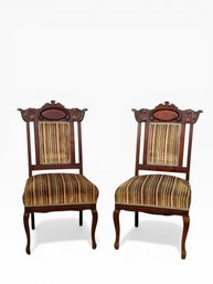 19th C. Solid Mahogany Carved Chairs - Striped Upholstery
