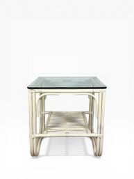 Mid-Century Glass Top Rattan Side Table