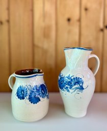 Pair Of Blue & White Floral Painted Pitchers