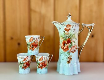 Antique Hand-Painted Porcelain Tea Pot & Tea Cups