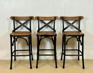 (3) Solid Wood & Iron Cross Back Barstools
