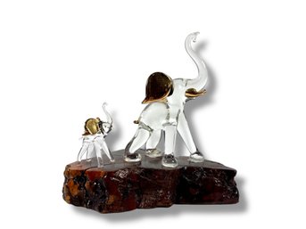 Sansukjai Crystal Elephants On Burlwood Base