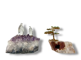 Penguin & Bonsai Tree Sculpture Mounted On Stone