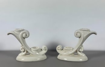Pair Of Abingdon Pottery Double Scroll Candlesticks