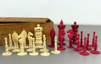 19th C. Hand Carved Burmese Chess Set - Broken Pieces Pictured