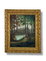 Early 19th C. Original Oil On Board Woodland Painting