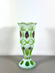 Bohemian Green Cut Hand Decorated Vase