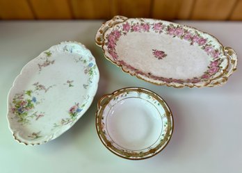 (2) Limoges Porcelain Serving Platters & (1) Nippon Bowl