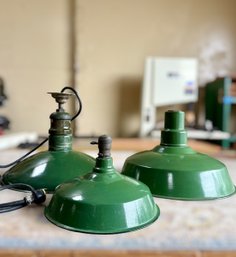 (3) 1920s Industrial Green Enamel Pendant Lights