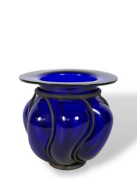 Handblown Cobalt Blue Art Glass Vase In Wrought Iron