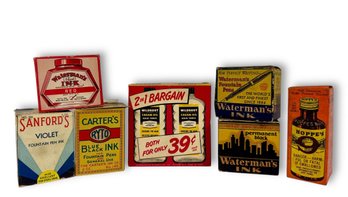Grouping Of (7) Antique Ink Bottles & Original Boxes