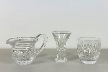 Waterford Signed Crystal Creamer, Bud Vase & Whiskey Glass