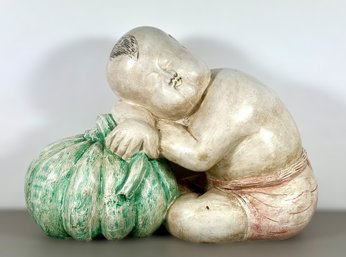 Solid Carved Wood & Painted Chinese Sculpture