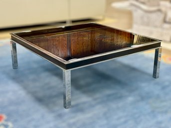 Very Large Smoked Glass & Chrome Coffee Table