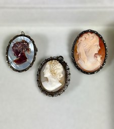 (3) Antique Cameo Brooches - Marked .800 Silver