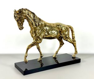 A Hefty Gilted Bronze Horse On Stone Base -1950s