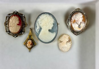 Five Antique Cameo Brooches