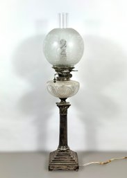 Stunning 1850s English Sterling Silver Cut Glass Banquet Lamp