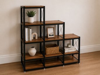 L Shaped Industrial Ladder Bookshelf 9 Cube Storage Bookcase Rustic Brown 2 Of 3