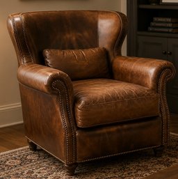 Wingback Distresssed Brown Leather With Brass Nail Heads Lounge Chair From Bradington Young 3 Of 4