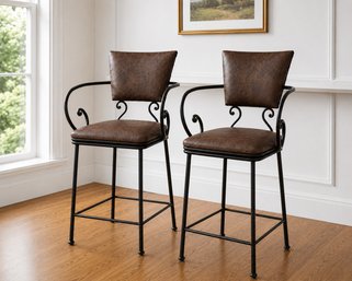 Heavy Wrought Iron And Brown Stools