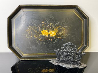 Tole Metal Tray And Wrought Iron Letter Holder