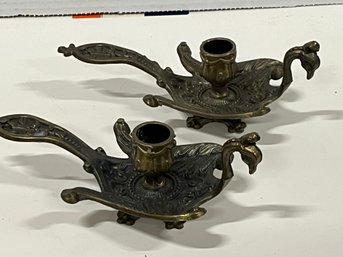 Pr Ornate Metal Candlesticks W Handle And Bird Face