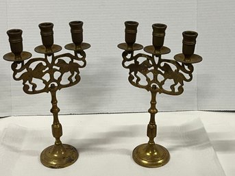 Pr Chinese Brass  3 Branch Candelabras With Lions