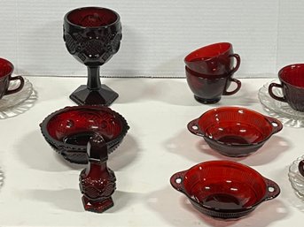 Assortment Of Ruby Depression Glass And 2 Pcs Of Ruby Avon Cape Cod