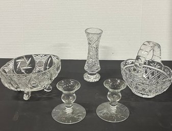 Asst Of  Crystal Incl 7' Cut Vase   Lead Crystal Footed Bowl  Glass Basket And Etched Candlesticks