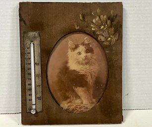 Early Cat Print In Hand Painted Frame With A Thermometer Which Is Signed On Top