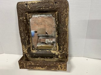 Late 1800s Early 1900s Shaving Mirror Embossed Tin  With Shelf
