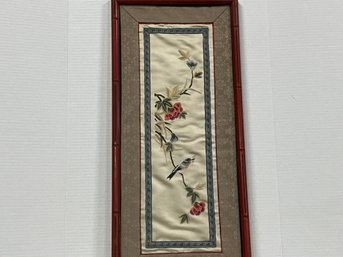 Oriental On Silk Wall Hanging  Floral And Bird Motif  Reddish Frame