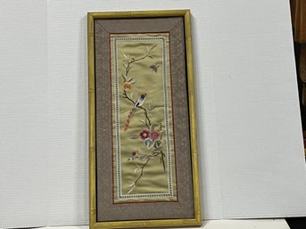 Oriental Wall Hanging Handmade On Silk Floral And Bird Design   Cream To Gold Color Frame