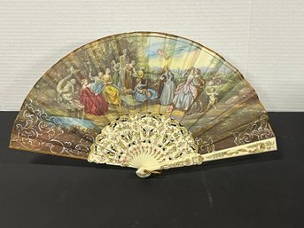 Silk Courtship Scene Fan  With Orig Box