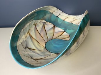Fornace Ferro Murano Turquoise White & Brown Glass Shell Bowl Made In Italy