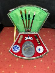 Vintage Four Treasures Of Chinese Calligraphy Set   Brushes / Ink Stick / Inkwell Pot. Etc