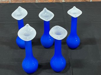 Lot Of 5 Blue Cased Glass Jack In The Pulpit  Vases