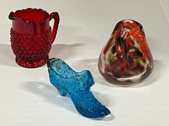 Art Glass Murano Style  Vase. /Blue Glass Cat Shoe  /ruby  Hobnail Creamer